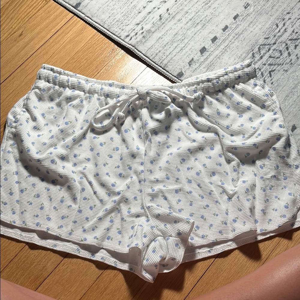 Women's White and Blue Flowered Sleep Shorts